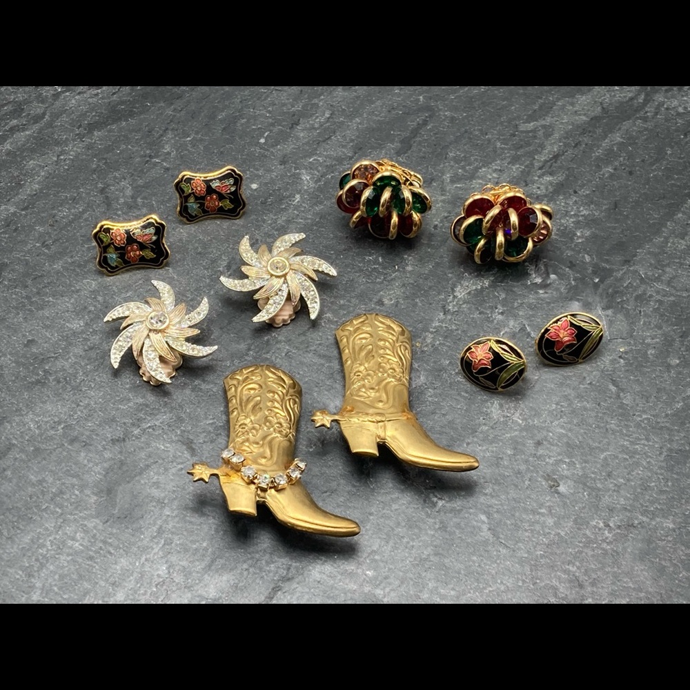 CLIP-ON Women’s Vintage Bundle 5x pairs earrings silver gold cloisonné